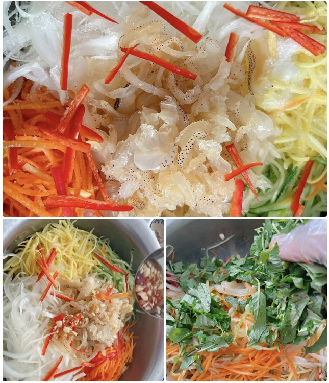 Trộn nhẹ tay cùng nước trộn gỏi để gỏi sứa tôm thịt thấm đều gia vị